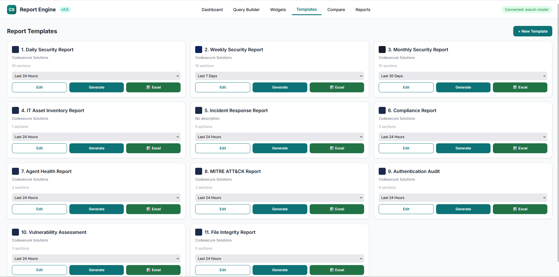 11 pre-built security report templates including daily weekly monthly MITRE compliance incident response and more